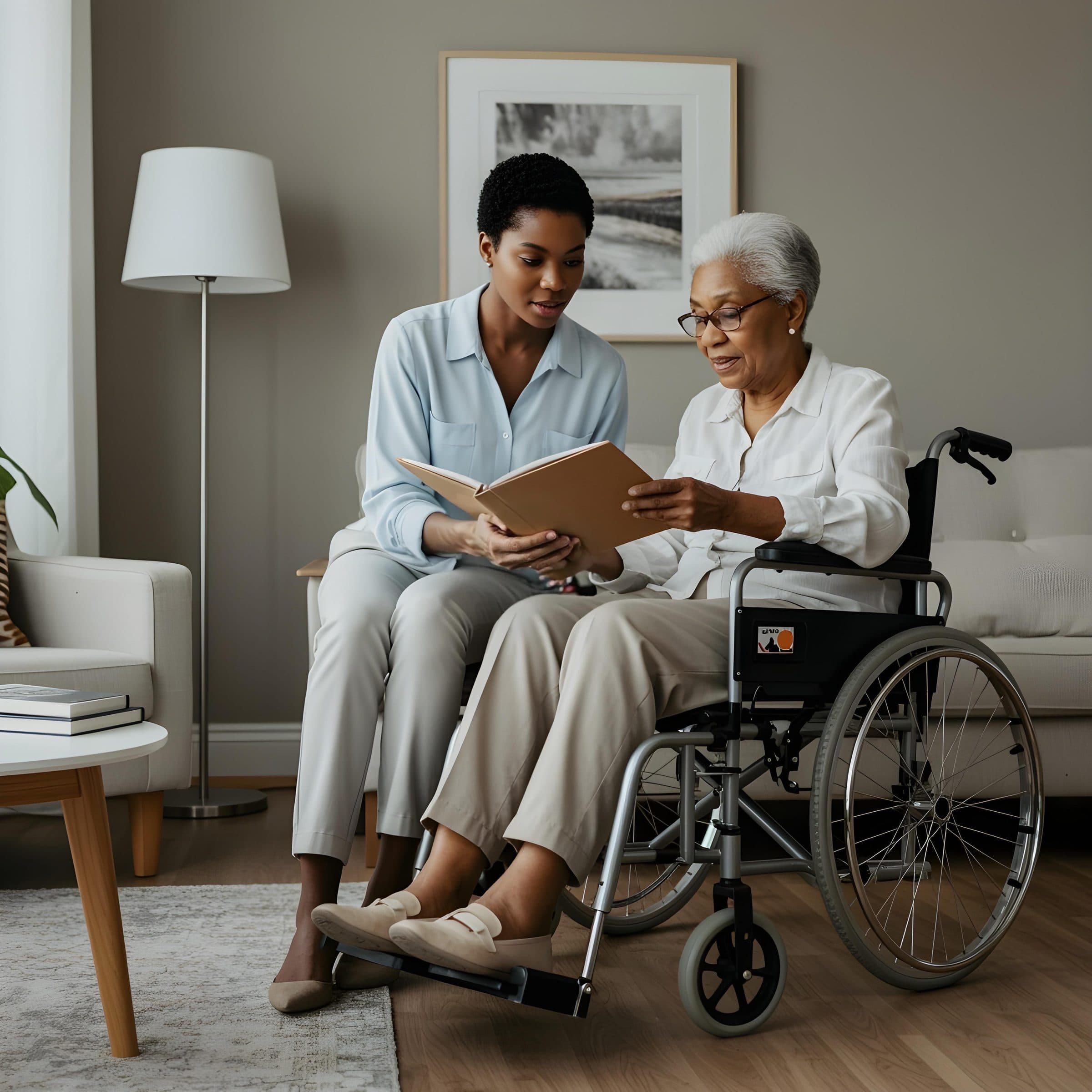 An adult daughter reads with her mother, who sits in a wheelchair in their living room