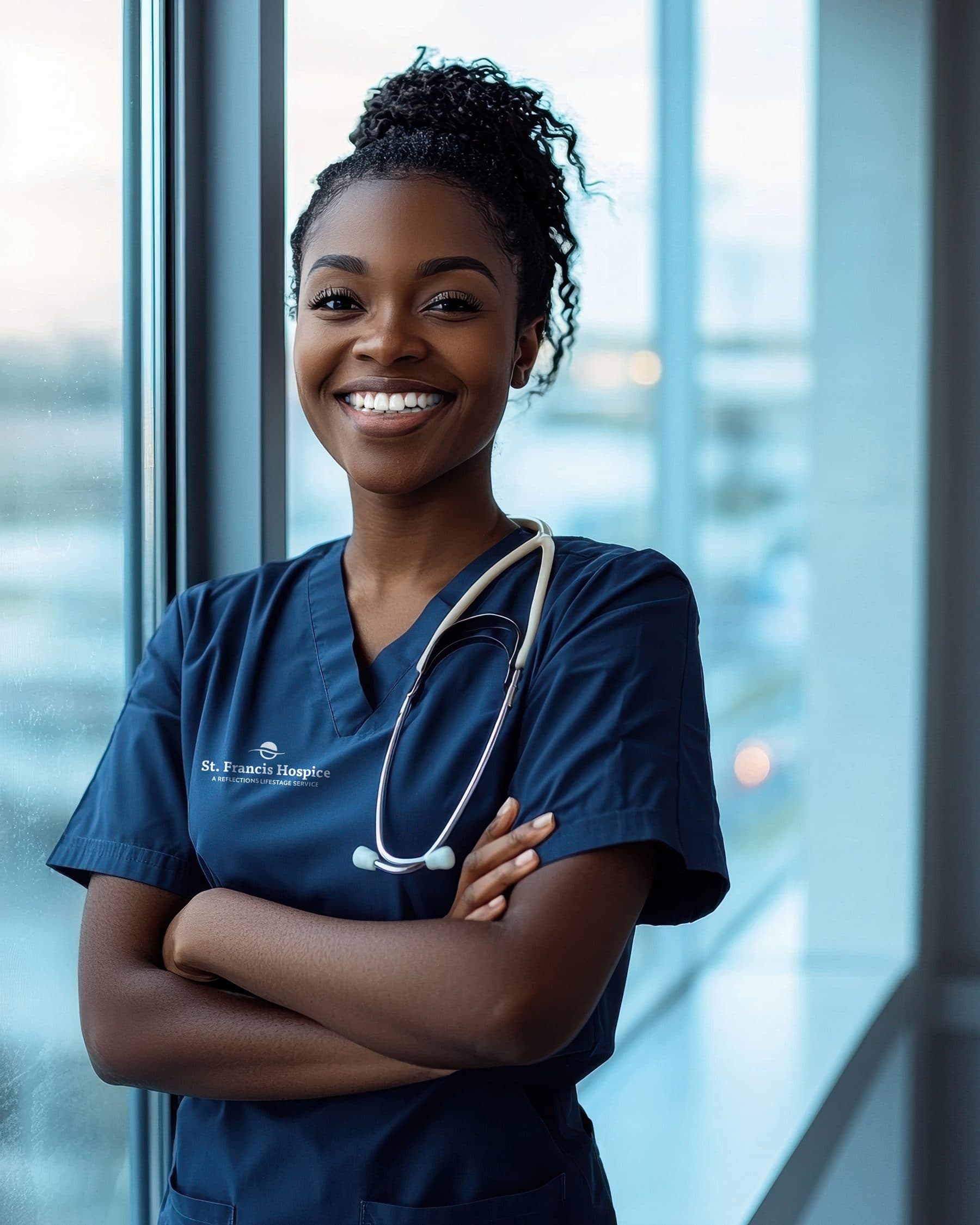 A smiling St. Francis Hospice nurse in navy scrubs